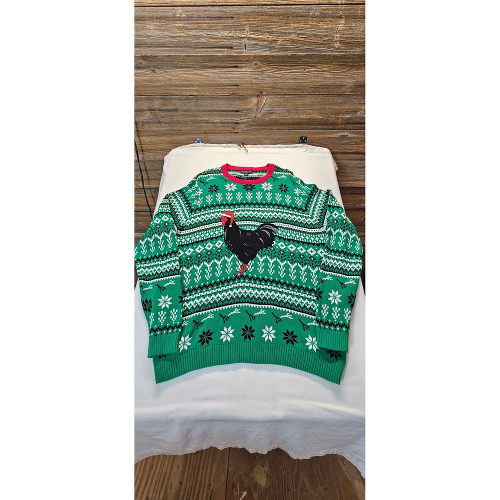 Blizzard Bay Mens Rooster Santa Hat Ugly Christmas Sweater Green Fair Isle XXL